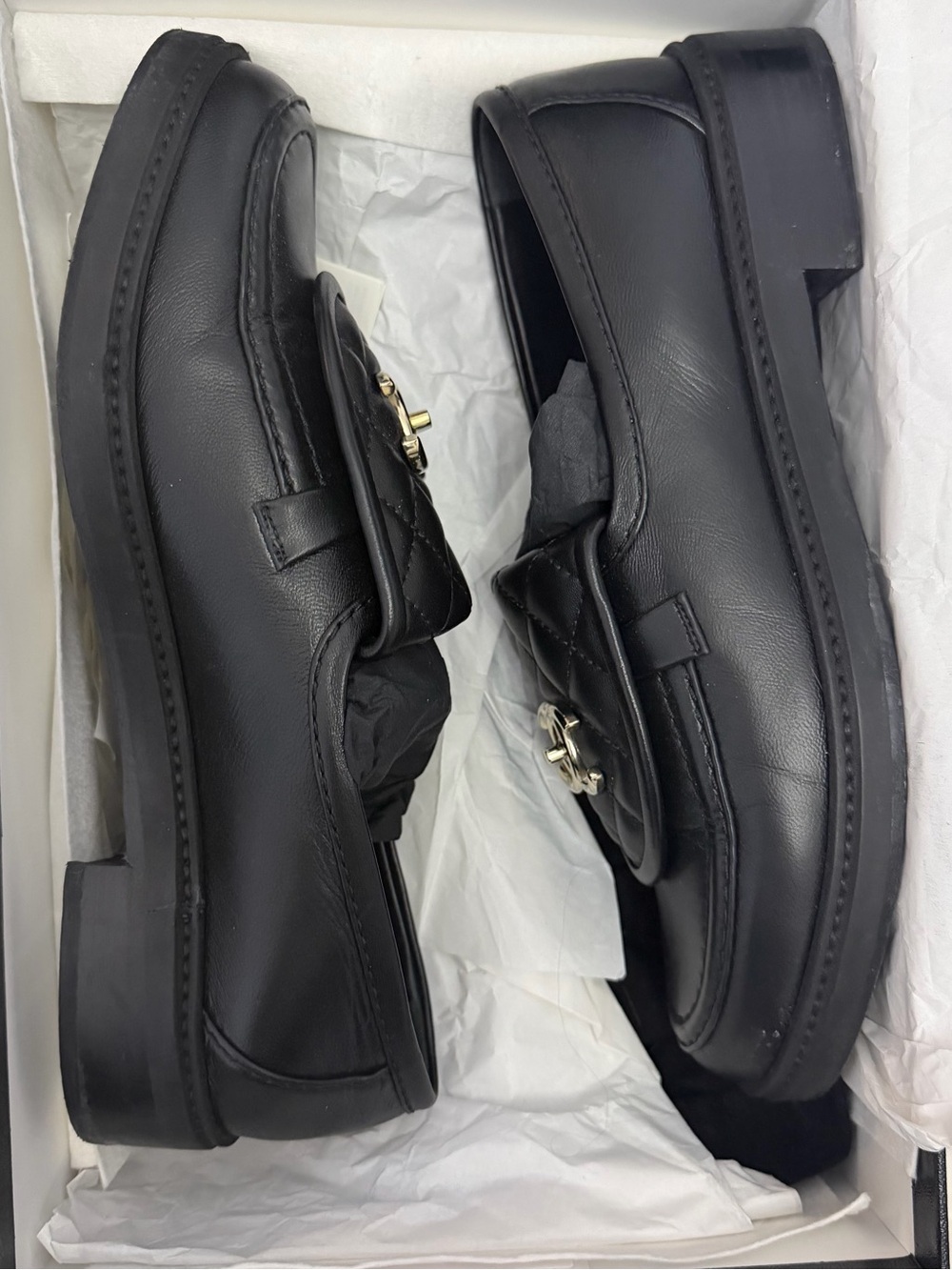 CHANEL Black Quilted Leather Loafers with Gold CC - Picture 2 of 7